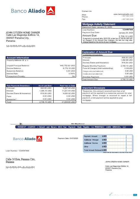 Download Panama Banco Aliado mortgage statement in Word and PDF formats Photoshop template